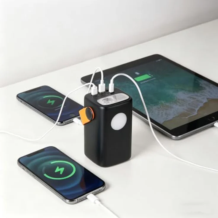 ideoon Powerbank 60000mAh, 100W, USB-C PD Externer Akku mit LED Lampe und Dimmstufen für Laptop, Notebook, Smartphone - Schwarz/Orange – Bild 8