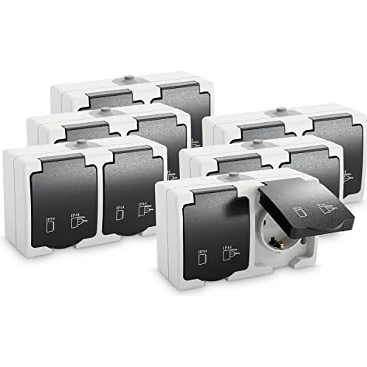 greate 6x Feuchtraum Steckdose Aufputz 2fach - Grau, IP44, 250V, 16A, 2 polig - Ideal für Feuchträume und Außenbereich