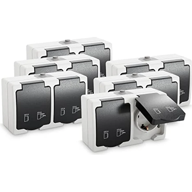 greate 6x Feuchtraum Steckdose Aufputz 2fach - Grau, IP44, 250V, 16A, 2 polig - Ideal für Feuchträume und Außenbereich – Bild 1