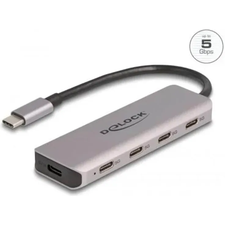 DeLOCK 64238, 4-Port USB Type-C Hub mit 5 Gbps Übertragungsgeschwindigkeit, grau