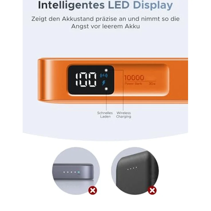 UGREEN MagFlow Magnetische Powerbank 10000mAh 25W, Qi2 Magsafe mit USB-C und integriertem Kabel, LED-Bildschirm, für iPhone 16-17 Serie, Orange – Bild 5