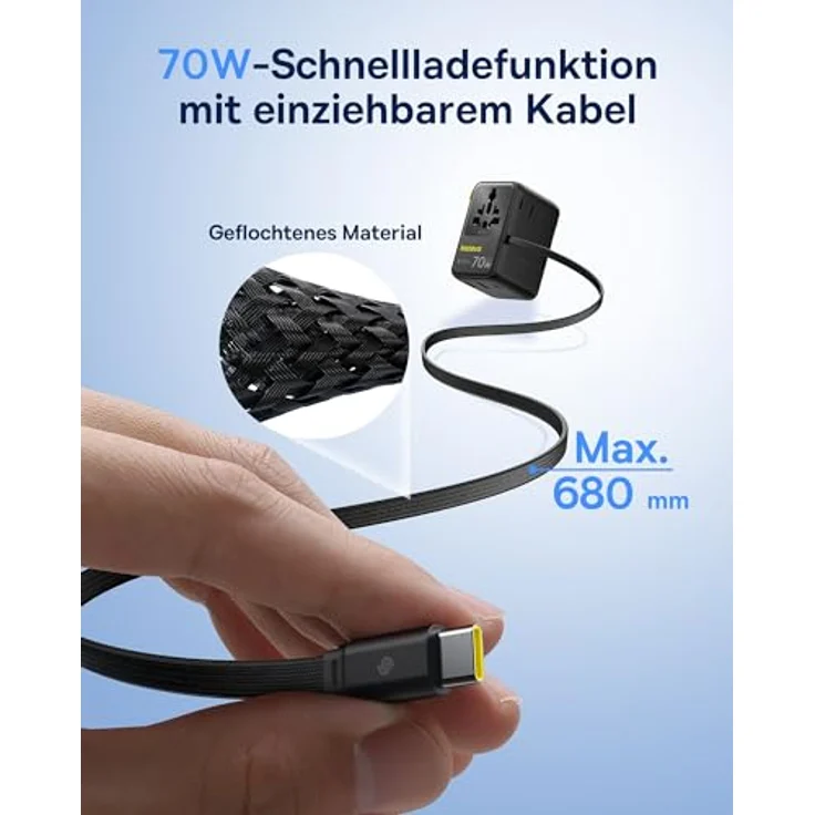 Baseus Enercore 70W Reiseadapter, Universeller Steckdosenadapter mit 2AC+2USB A+USB C und ausziehbarem Kabel für weltweite Nutzung in USA, England, Japan, Thailand, Australien – Bild 3