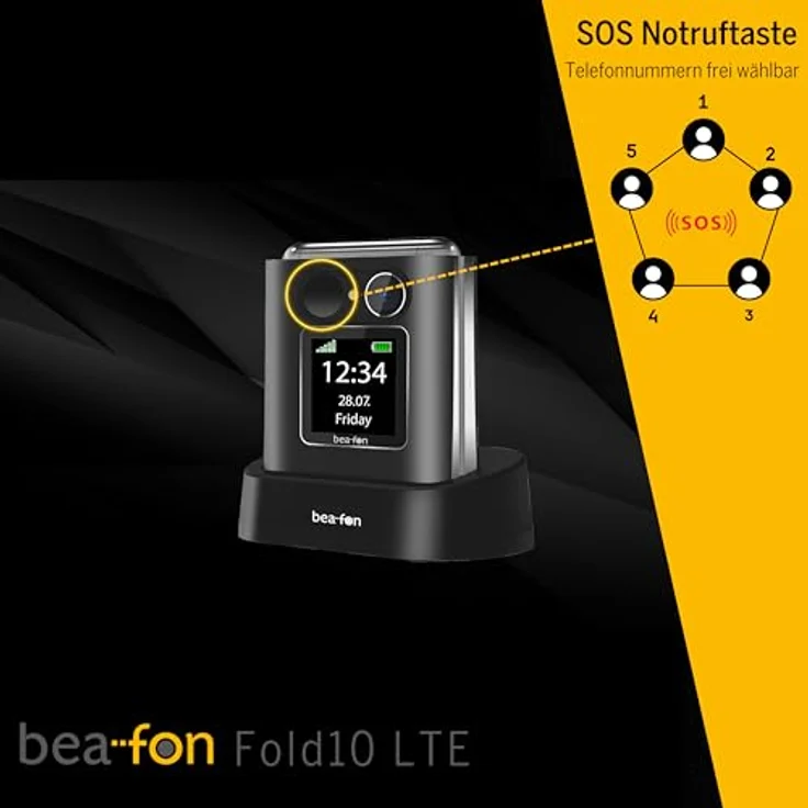 Beafon Fold10 LTE Klapphandy, XL Farbinnendisplay 2,2" (5,58cm), XL Farbaußendisplay 1,44" (3,65cm), SOS Notruftaste, Fotokontaktanzeige, Kamera, Lichtsignal, Tischladeschale, schwarz-Silber. – Bild 5