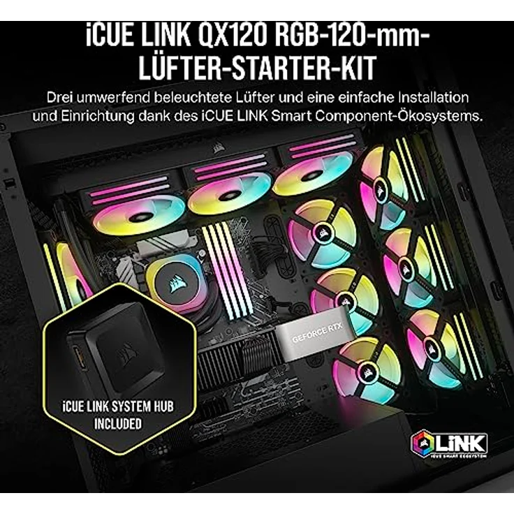 Corsair iCUE LINK QX120 RGB 120mm Magnetic Dome RGB Fans - Dreifach-Lüfter-Starter-Kit mit iCUE LINK System-Hub - Schwarz – Bild 2