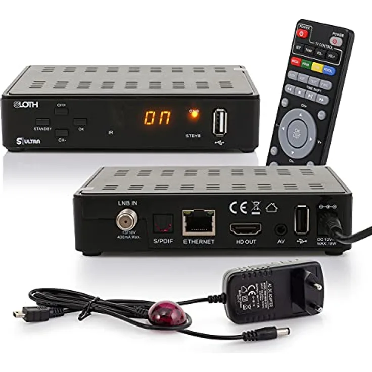 RED OPTICUM Sloth S1 Ultra Sat Receiver mit PVR I Digitaler Satelliten-Receiver HD 1080p - HDMI - LAN - USB - Coaxial Audio I 12V Netzteil ideal für Camping I Receiver für Satellitenschüssel