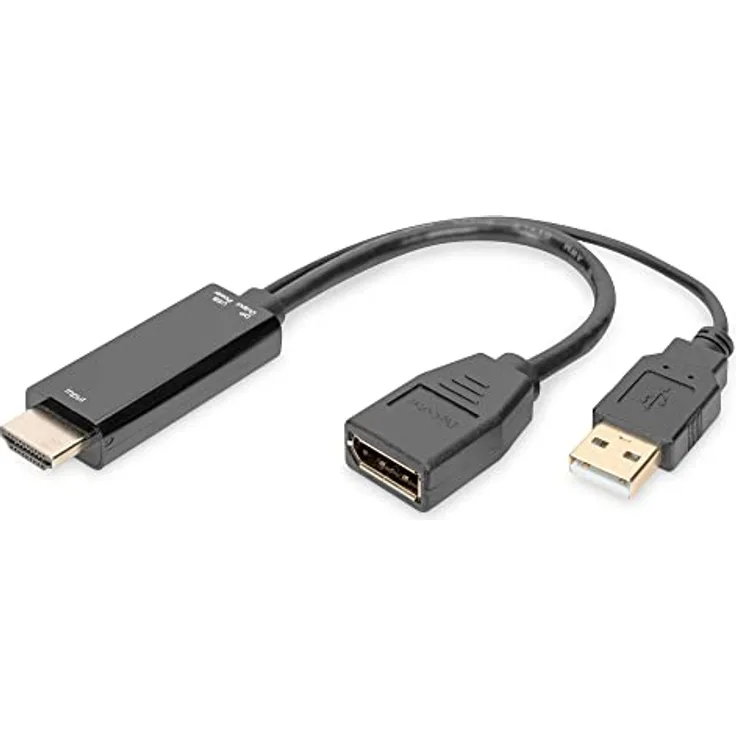 DIGITUS HDMI-Adapter, HDMI zu DisplayPort, UltraHD 4K/30Hz, 0,2 m, DP 1.2 mit USB-A Stromversorgung, Schwarz