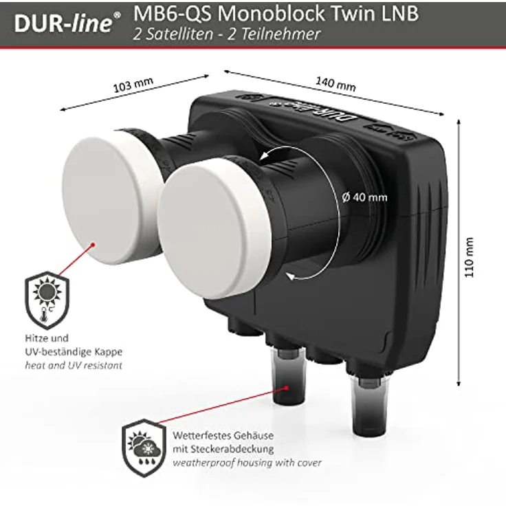 DUR-line 6° Monoblock Twin LNB - Astra 19,2°E + Hotbird 13°E - 2 Teilnehmer & 2 Satelliten (MB6-TW) - Doppel-LNC mit integriertem DiSEqC - Full HD, 4K, 8K, 3D - Wetterfest + Mobilfunk-Abschirmung – Bild 3