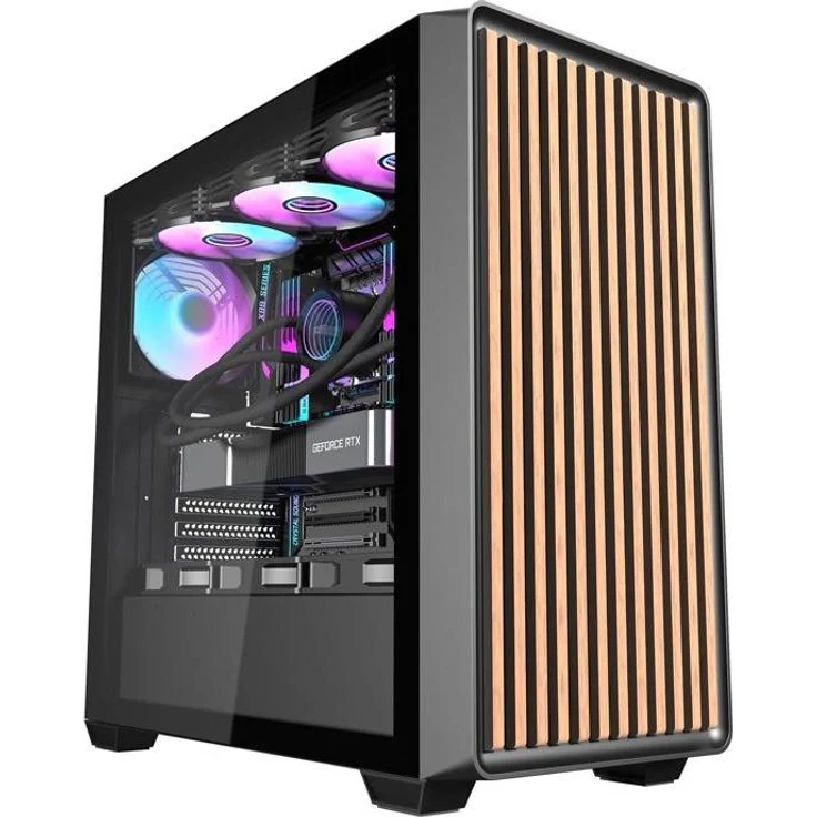 Darkflash Tech Darkflash DS900WD PC Gehäuse (schwarz) mit Panoramadesign, Holzfront, 4 x 120mm Lüfter und Platz für bis zu 10 Lüfter