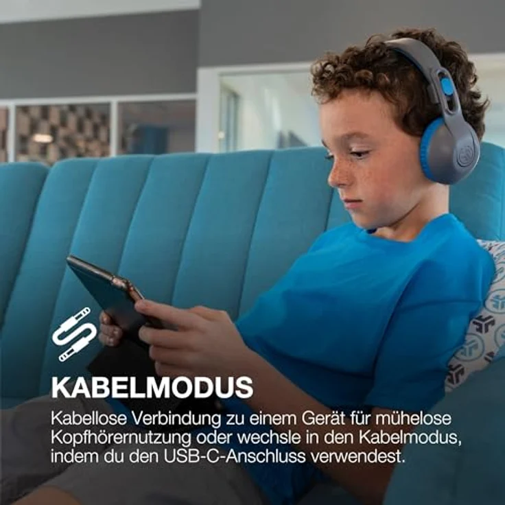JLab JBuddies Studio 2 Kabellose + verkabelte On-Ear-Kinder-Kopfhörer, Grau/Blau, 65+ Stunden Akkulaufzeit, Teilen-Modus, Lautstärkesicher, faltbar, verstellbar, Geräuschisolierung – Bild 4