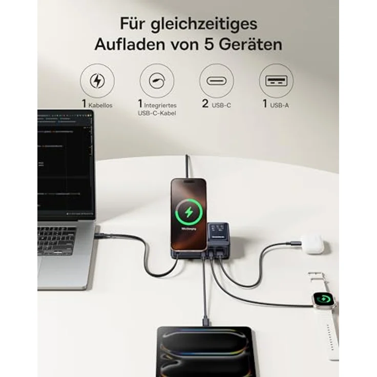 Baseus NOMOS 5 in 1 Ladestation, 140 W USB-C Ladegerät mit 15 W Qi2.0 MagSafe Ladegerät, Typ C Einziehbares Kabel, 2*USB-C & 1*USB-A Schlüsse und Digitale Anzeige, für iPhone 16/15, MacBook & Surface – Bild 2