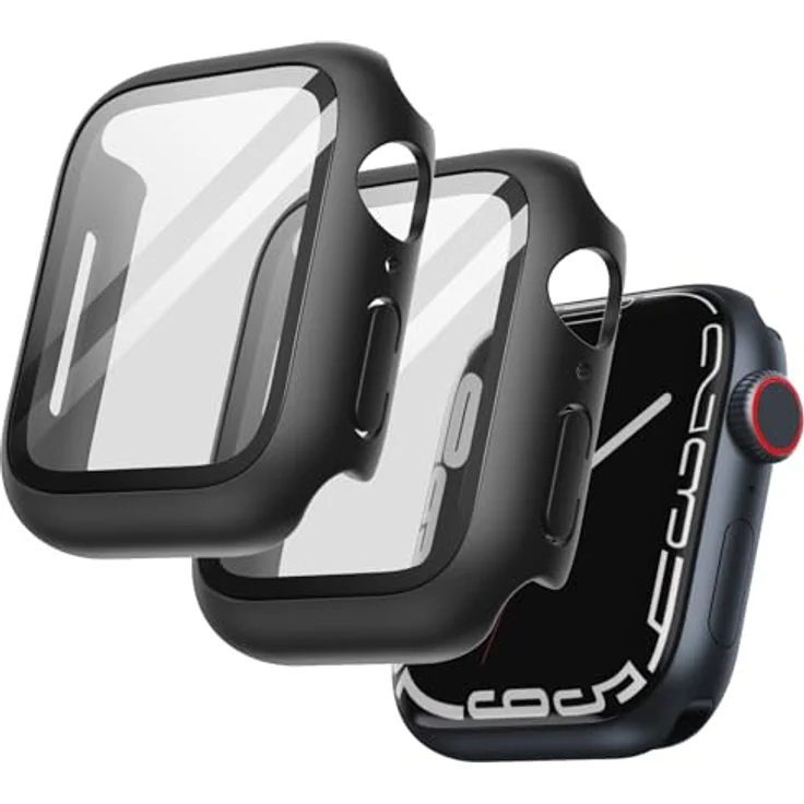 JETech Hülle mit Displayschutz für Apple Watch Series 9 8 7 45 mm, 2 Stück, Eingebautes gehärtetes Glas, Hoher Schutz, Schwarz – Bild 1