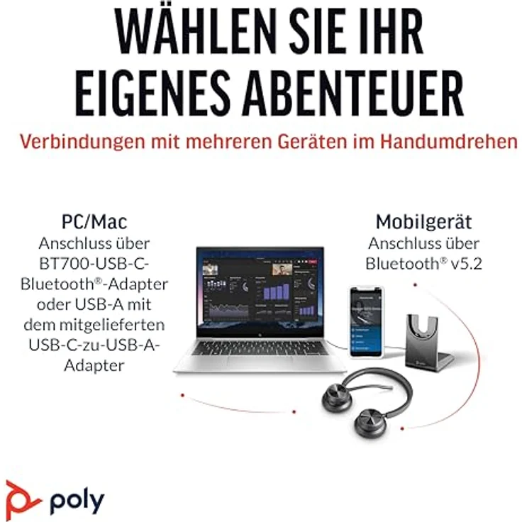 Poly Voyager 4320 UC-Headset, Schnurlos mit Noise Cancelling-Mikrofon, Bluetooth, kompatibel mit Teams und Zoom, inklusive Ladestation und Tragetasche – Bild 5
