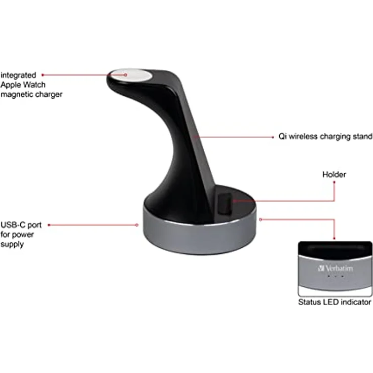 Verbatim 2-in-1 Qi MFi Wireless Charger WCS-01, für iPhone, Apple Watch & Qi-fähige Geräte, Handy Ständer mit induktiver Ladestation, kabelloses Ladegerät für Apple, Samsung und mehr – Bild 3