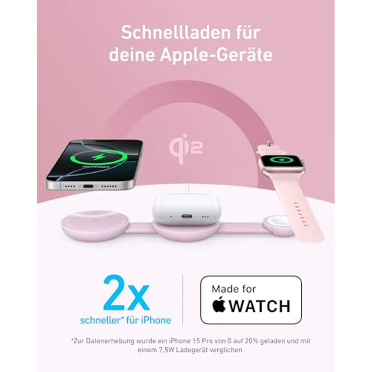 Anker MagGo 3-in-1 Kabellose Ladestation (mit EU/US/UK Stecker), MagSafe-Kompatibles Qi2-Zertifiziertes 15W Ladegerät, Faltbares Reise-Ladepad für iPhone 16/15, AirPods, Apple Watch (Keine Powerbank) – Bild 3