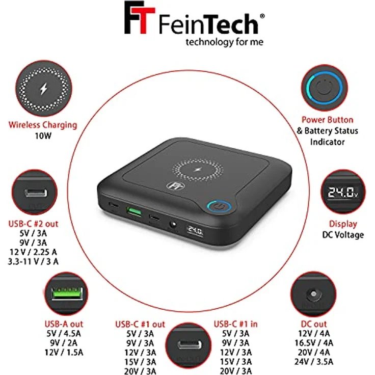 FeinTech PLG02400 Laptop Powerbank 60W PD USB-C und DC Anschluss 24000mAh, 10W Wireless Charging, schwarz – Bild 2