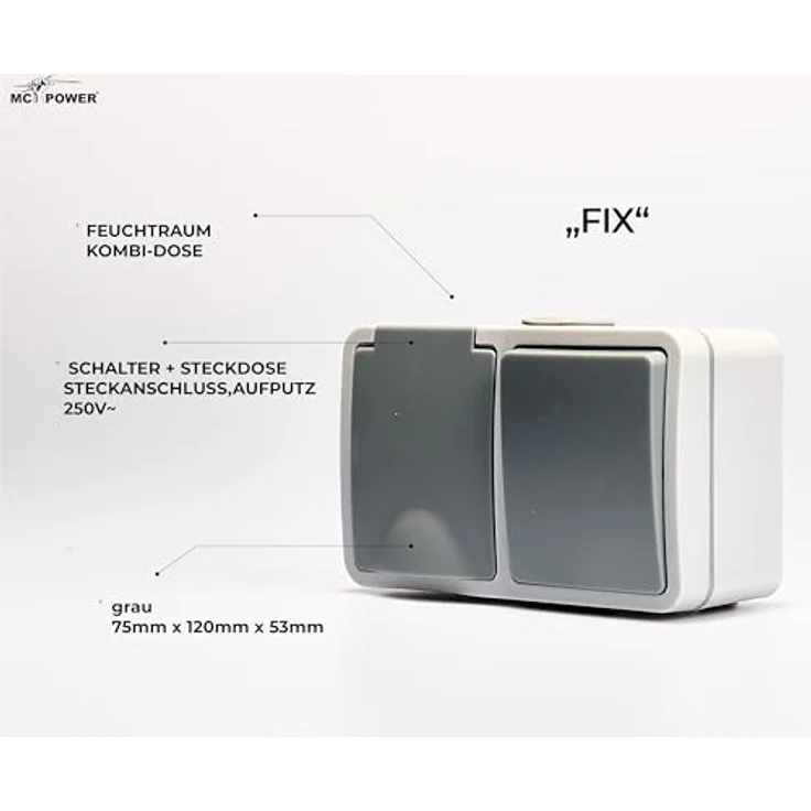 McPower Feuchtraum Kombidose Schalter Steckdose Aufputz | Fix | horizontal 1fach Kombischalter mit Steckdose, 250V, AP grau – Bild 3