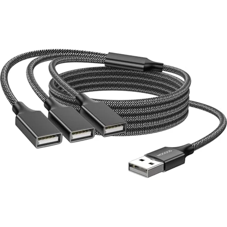 MOGOOD USB 3 Port Splitter Kabel, USB Typ B Splitter 1 Stecker auf 3 Buchsen, 2m, Dunkelschwarz, Plug-and-Play, Hochgeschwindigkeits-Datenübertragung, Aluminium-Gehäuse