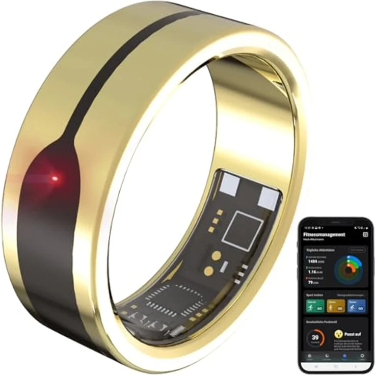 Newgen Medicals Ring Schlaftracker, Fitnesstracker-Ring mit Herzfrequenz- & SpO2-Anzeige, 2 mm, gold, Gr. 65, wasserdicht bis 5 ATM, SOS-Funktion, Bluetooth 5 – Bild 2