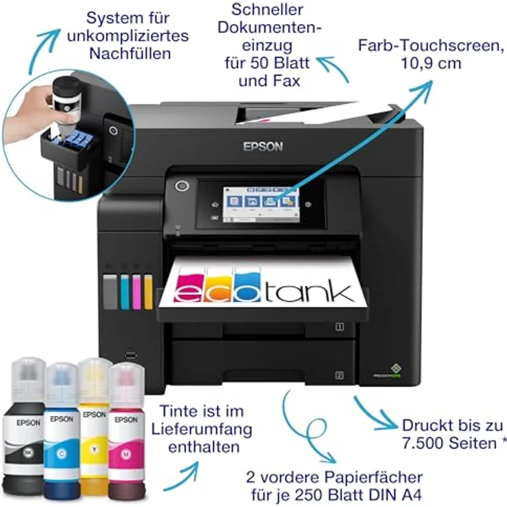 Epson EcoTank ET-5805 WLAN-Multifunktionsdrucker, A4, Fax, Schwarz, Farb-Tintenstrahl-Technologie, Duplex-Druck, Drahtlose Schnittstellen – Bild 2
