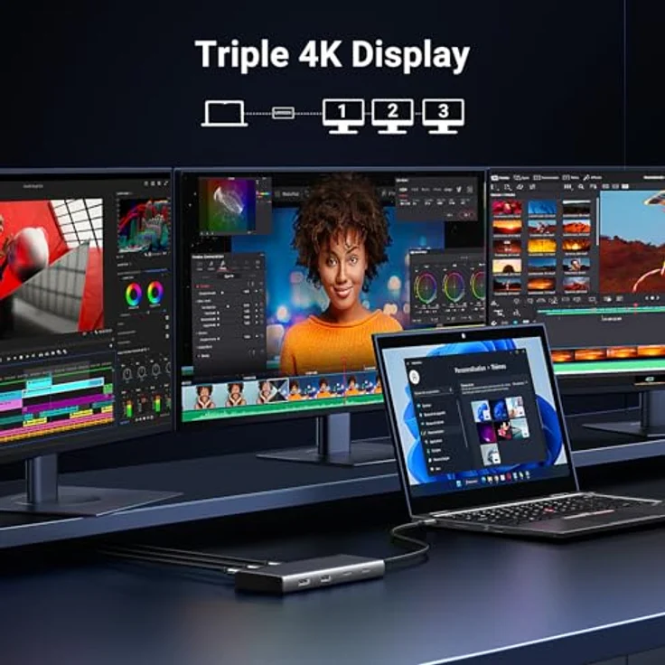UGREEN Revodok Pro Triple Display Dock USB C Hub, 3-facher Monitoranschluss mit 2xHDMI & DP (4K@60Hz), 10Gbps 4xUSB Ports (2xUSB A & 2xUSB C), PD 100W, elegantes Design mit 30cm Kabel – Bild 3