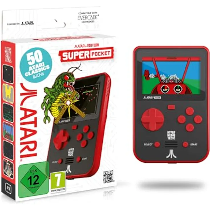 BLAZE EVERCADE ATARI SUPER POCKET, Handheld-Konsole mit 50 vorinstallierten Atari Arcade-Klassikern, rotes Gehäuse, Evercade-kompatibel, 4+ Stunden Akkulaufzeit