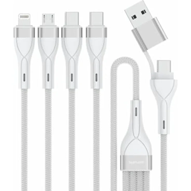 4smarts 541024 USB-Kabel 1,2 m, 4-in-2 Ladekabel mit USB A, USB C, Micro USB-A, Lightning, weiß, hüllenfreundlich, simultanes Laden bis zu 4 Geräten
