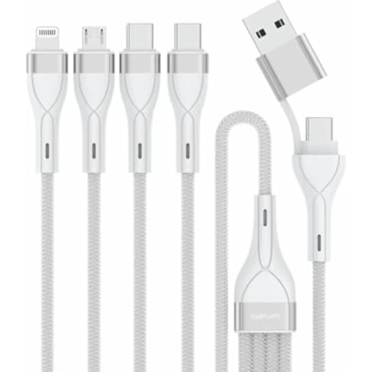 4smarts 541024 USB-Kabel 1,2 m, 4-in-2 Ladekabel mit USB A, USB C, Micro USB-A, Lightning, weiß, hüllenfreundlich, simultanes Laden bis zu 4 Geräten – Bild 1