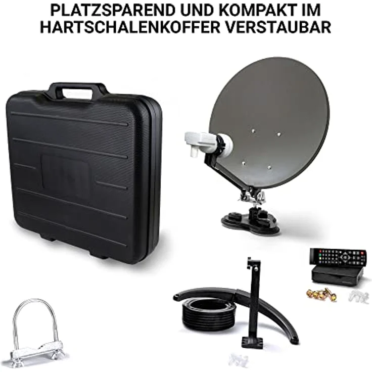 Xoro 38,5 cm Camping Satellitenantenne MCA 38 HD Set, inkl. FullHD DVB-S2 Receiver, Single LNB mit integriertem Satfinder, 10m Kabel, Halterungen, im Hartschalenkoffer, Stahlspiegel 38,5 cm, Masthalterung und Zubehörset – Bild 3
