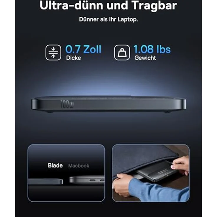 Baseus Powerbank 20000mAh 100W PD Blade H1 - Schlanker externer Akku QC 4.0 Schnellladegerät, für Laptops, MacBook, iPad, iPhone, Switch, Steam Deck, Samsung Galaxy, AirPods - Orange LED Statuslicht - 2024 Upgraded – Bild 5