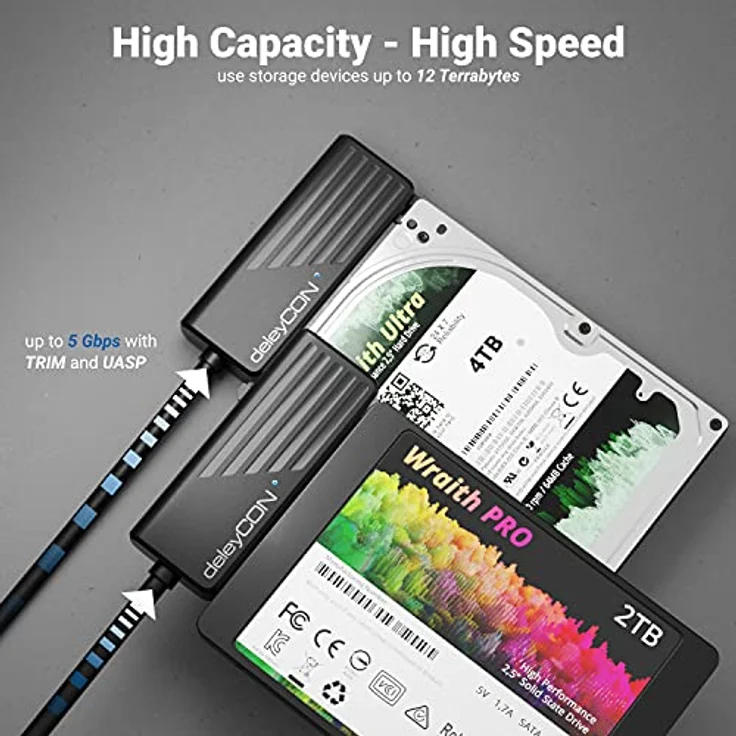 deleyCON USB 3.0 SATA Adapter Kabel USB C zu 2,5" Zoll Festplatten Schwarz, 5 GBit/s UASP SATA I II III Plug&Play – Bild 3