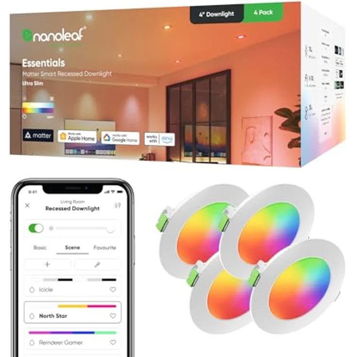 Nanoleaf Matter Einbaustrahler RGBCW, 4 Smarte & Dimmbare LED Glühbirnen, 550 Lumen, WLAN/Bluetooth, Kompatibel mit Alexa & Apple, 75-85 mm Ausschnitt – Bild 1