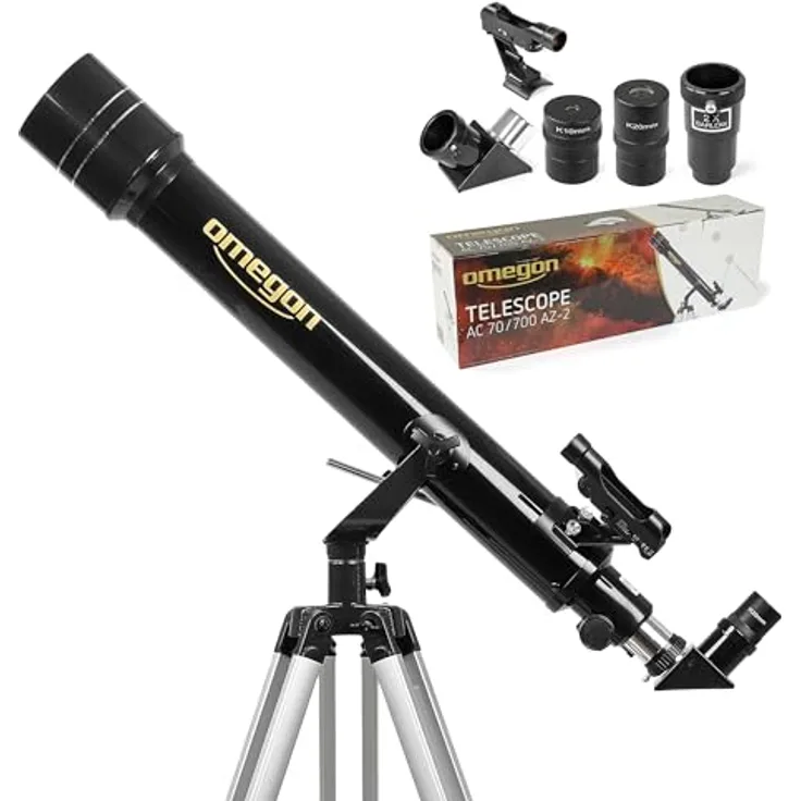Omegon Teleskop AC 70/700 AZ-2 | Achromatischer Refraktor | ideales Einsteiger-Teleskop | für Mond & Naturbeobachtungen | Alu-Stativ