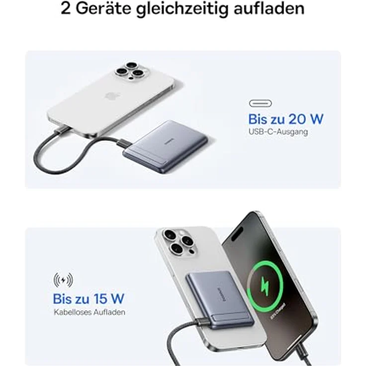 Baseus Mini MagSafe Powerbank 5000mAh, Qi2-zertifiziert mit klappbarem Ständer, PD 20W, magnetisch und kabellos, kompatibel mit iPhone 17/16/15/14/13/12/Pro/Pro Max Serie, Grau – Bild 5