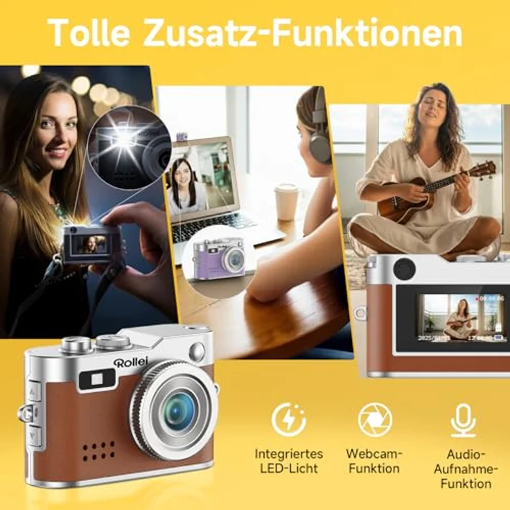 Rollei Minidigitalkamera Vintage Braun, 2MP Daumenkamera mit 1080P FHD, 0,96 Zoll Farbbildschirm, Blitz & Audioaufnahme, kompakte Pocket Kamera – Bild 3