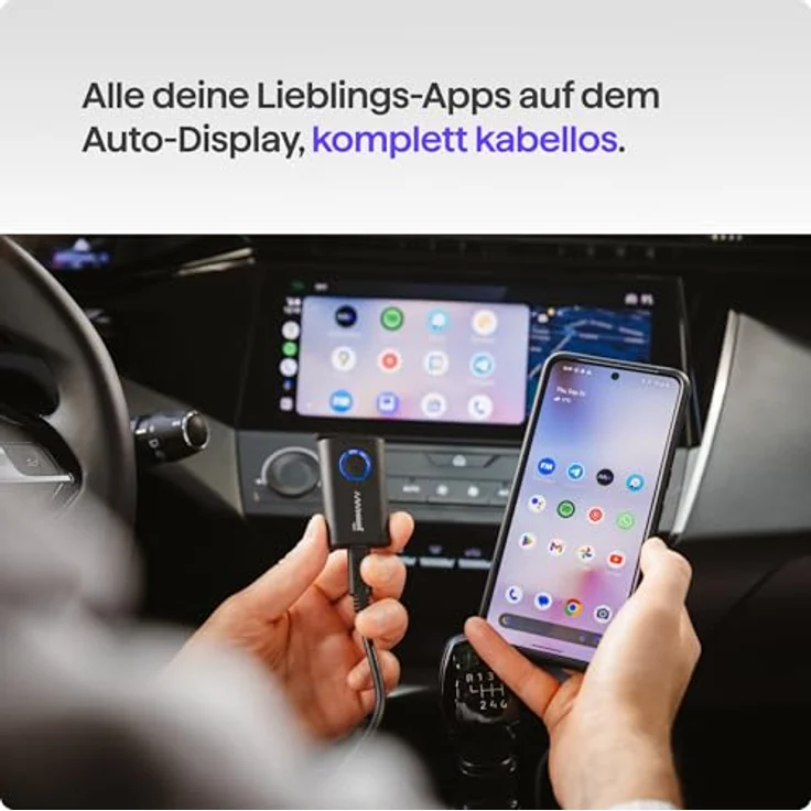 AAWireless Two+ 2-in-1 Adapter für Android Auto & Apple Carplay, kabellose Bluetooth- und WiFi-Verbindung, geeignet für iOS 10+ & Android 11+, ultrakompakt, Made in Europe – Bild 4