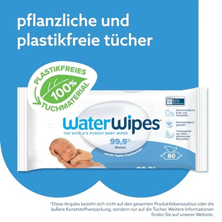 WaterWipes plastikfreie, originale Reinigungstücher für Babys, 540 Stück (9 Packungen), 99,9 % wasserbasierte Reinigungstücher, unparfümiert, pflanzlich, dermatologisch anerkannt – Bild 5