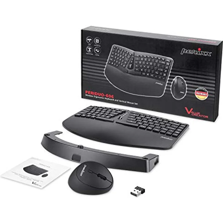 Perixx Periduo-606, Ergonomische kabellose kompakte Tastatur und Vertikale Maus Desktop Set, Geteiltes Tastenfeld, 4-Wege-Scrollrad, Anpassbare Handballenauflage und flachen Tasten mit Vertikalmaus (Deutsch QWERTZ) – Bild 6