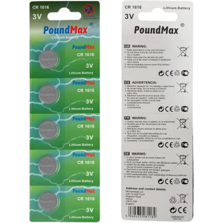 PoundMax Lithium-Knopfzellen-Batterien, 1616, DL1616, 3 V, 5 Stück