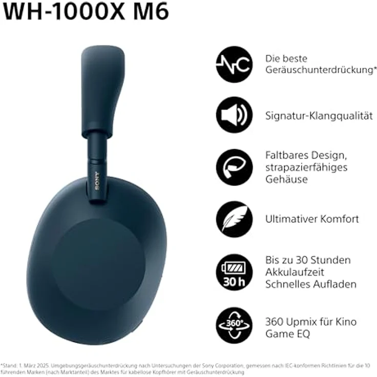 Sony WH-1000XM6, Flagship Noise Cancelling Over-Ear Wireless Kopfhörer, Hi-Res Sound, 30 Std Akku, faltbares Design, Midnight Blue – Bild 2