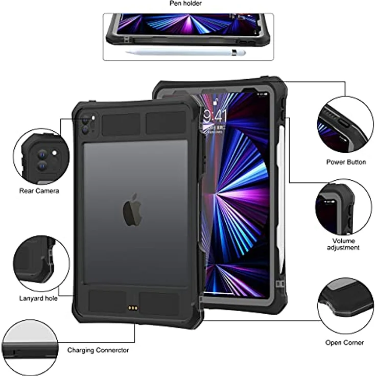 ShellBox Case Neue iPad Pro 11 Zoll 2022 & 2021 & 2020 wasserdichte Hülle, Ganzkörper Heavy Duty Stoßfest Schutzhülle mit Kickstand Eingebauter Displayschutz Stifthalter Schultergurt (Schwarz) – Bild 5