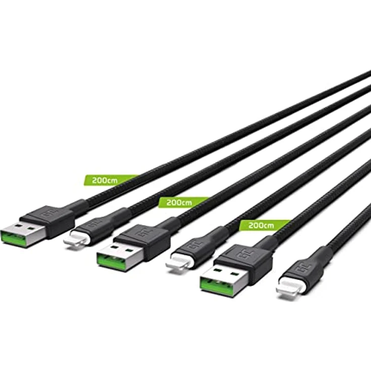 Green Cell GC Ray SET 3x USB-A - Lightning Typ-C Ladekabel 2m mit LED-Beleuchtung, Schwarz, Schnellladekabel für iPhone 14, 13, 12, 11, SE, Pro Max, X, XR, XS Max, 8, 7 Plus, 6, 6S, 5, 5C, 5S Plus – Bild 2