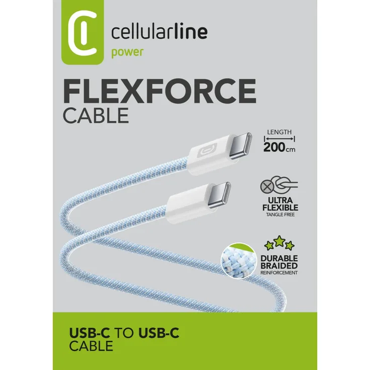 Cellularline Flexforce Data Cable 2 m, USB Typ-C auf Typ-C, mit schneller Ladefunktion, hellblau