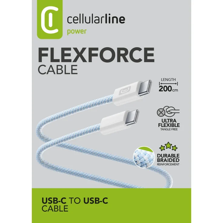 Cellularline Flexforce Data Cable 2 m, USB Typ-C auf Typ-C, mit schneller Ladefunktion, hellblau
