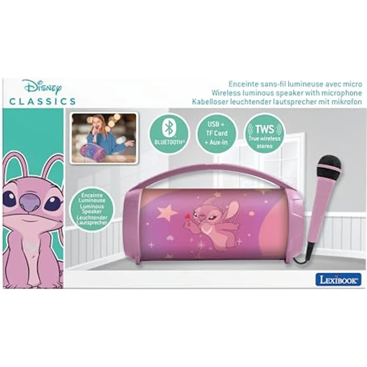 Lexibook Disney Stitch, Leuchtender kabelloser Lautsprecher mit Mikrofon, Stereo-Sound, Karaoke-Funktion, USB- und SD-Anschluss, wiederaufladbarer Akku, rosa, BTP585D1Z – Bild 5