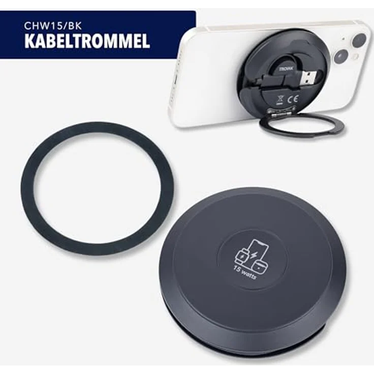 TROIKA MagSafe Induktions-Ladegerät, kabelloses Laden bis 15W für iPhone, Apple Watch & AirPods, schwarz, mit USB-C/USB-A Kabel und Metallring – Bild 2