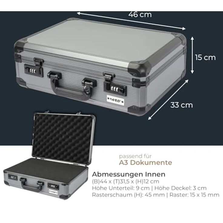 HMF 14402-02 Alu Fotokoffer, Waffenkoffer mit Rasterschaumstoff, abschließbar, 46 x 33 x 15 cm – Bild 5