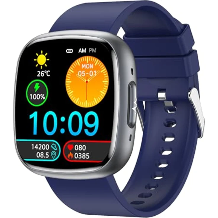 Knauermann NEO 2 (2025), Gesundheitsuhr Smartwatch in Schwarz, EKG, HRV Funktion, Bluetooth, Schlafapnoe, Blutdruck, Silikonband Blau – Bild 2