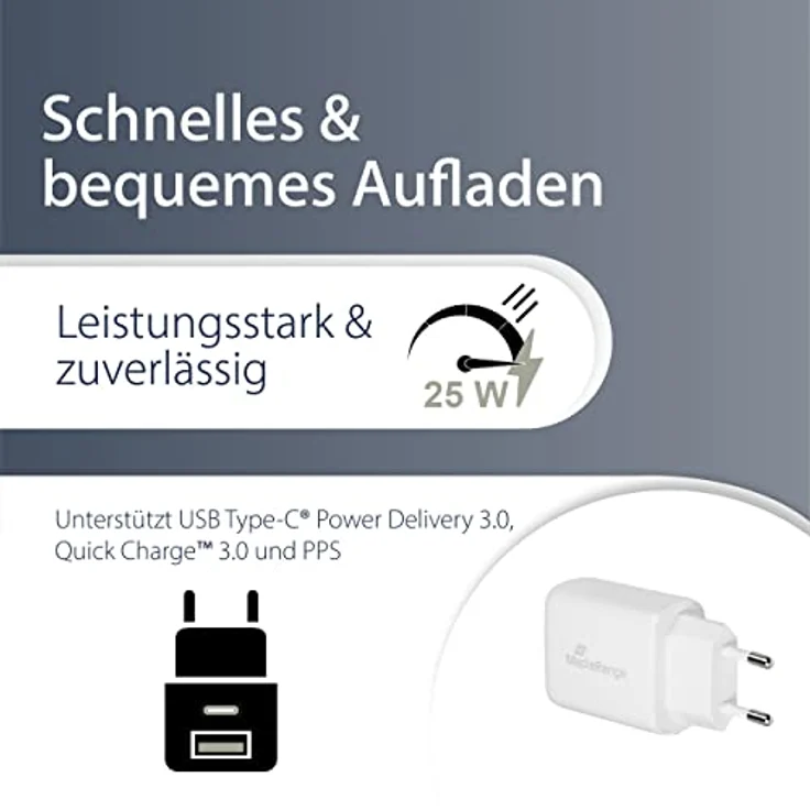 MediaRange 25W Steckdosen-Ladegerät mit USB-A und USB-C Ausgang, weiß – Bild 3