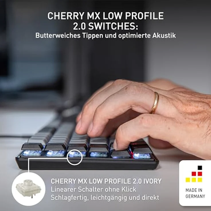 CHERRY KC 500 MX LP, Mechanische Low-Profile-Tastatur, Kabelgebunden (USB-A), Deutsches Layout (QWERTZ), Weiße Beleuchtung, MX LP 2.0 Ivory Switches, Schwarz – Bild 3