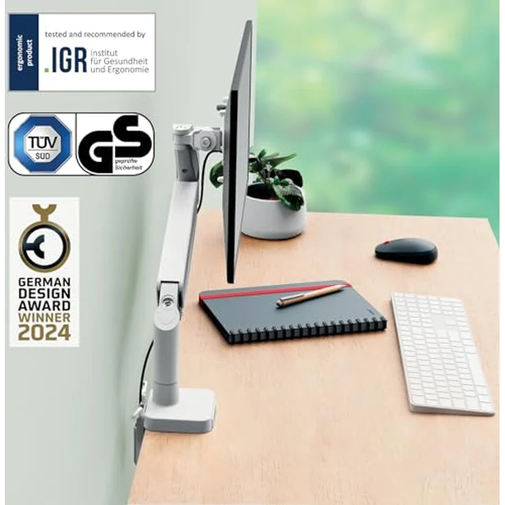 Leitz Ergo Monitorarm für 17–32-Zoll-Monitore, Ergonomischer Ständer mit Kipp- und Drehfunktion, 9 kg Tragkraft, Hellgrau, 64890085 – Bild 2